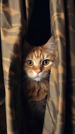 Cute ginger cat peeking out from behind the curtains. Studio shot.の素材