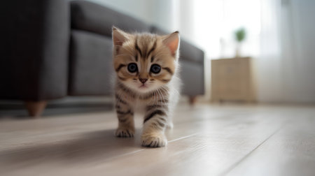 Cute tabby british shorthair kitten standing on the floorの素材