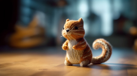 Cute knitted cat sitting on the floor. Selective focus.の素材