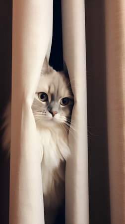 Persian cat peeking out from behind the curtains at home.の素材