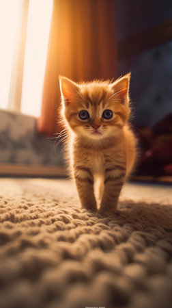 Cute little ginger kitten with blue eyes is standing on the carpet at home.の素材