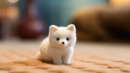 Cute little toy fox on a soft knitted plaid.の素材
