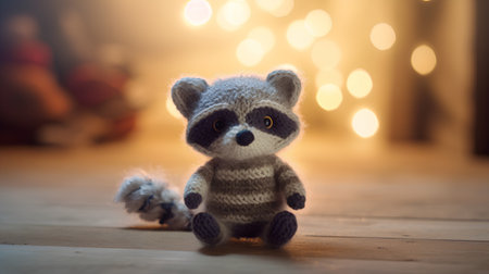 Cute little raccoon toy in front of christmas lights.の素材