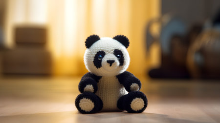Panda bear doll sitting on the floor in the living room.の素材