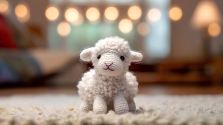 Sheep toy on the carpet with bokeh lights background.の素材