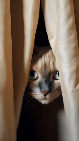 Portrait of a cat hiding behind a curtain in a dark roomの素材