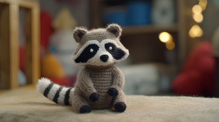 Toy raccoon on the background of the children's room. Knitted animal.の素材