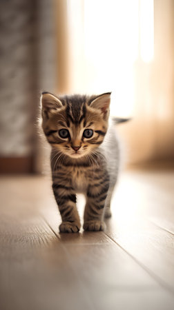 Cute tabby kitten standing on the floor and looking at cameraの素材
