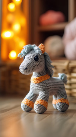 Knitted toy horse on a wooden background with bokeh.の素材