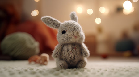 Cute knitted toy bunny on blurred background with bokehの素材