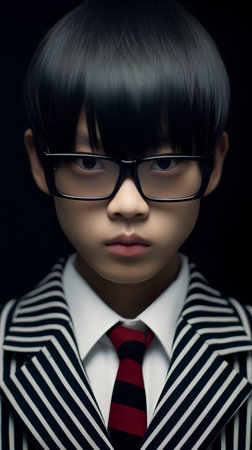 Portrait of a little boy in a business suit and glasses.の素材