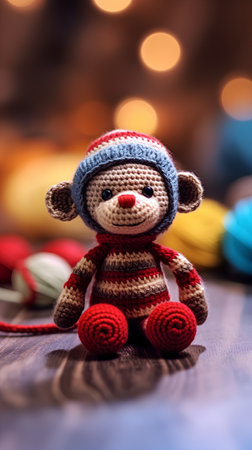 Cute knitted teddy bear on a wooden background with bokehの素材