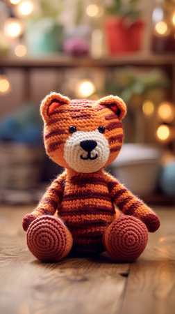 Knitted toy bear sitting on a wooden floor in a cozy roomの素材