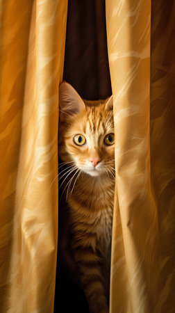 Cute ginger cat hiding behind the curtains. Fluffy pet.の素材