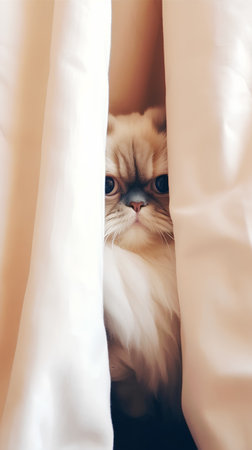Persian cat peeking out from under the white blanket. Close up.の素材