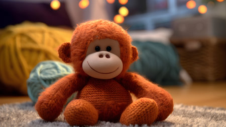 Cute handmade toy monkey sitting on the floor in the room.の素材