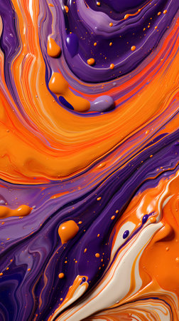 Abstract background of acrylic paints in orange, purple and white colors.の素材