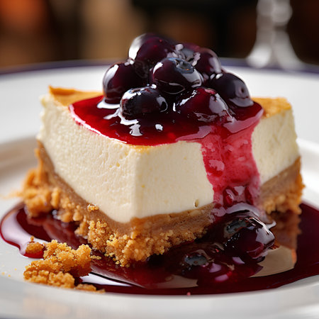 Cheesecake with berry sauce on white plate, closeupの素材