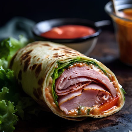 Pancakes stuffed with ham, cheese and vegetables on a black backgroundの素材