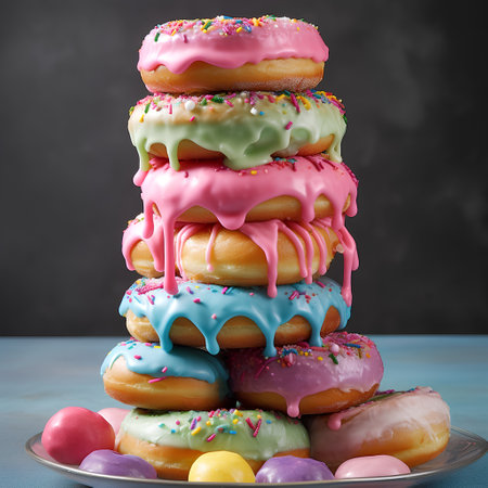 Stack of colorful donuts with sprinkles on blue wooden table.の素材