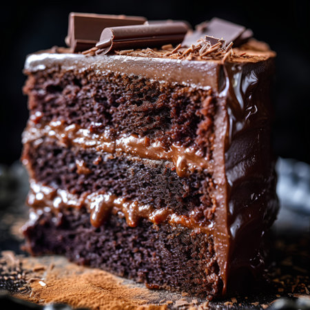 Chocolate cake on a dark background. tinting. selective focusの素材