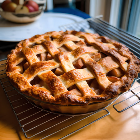 Homemade apple pie on a cooling rack. Selective focus.の素材