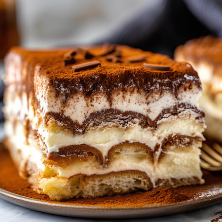 Tiramisu cake on a plate. Traditional Italian dessert.の素材