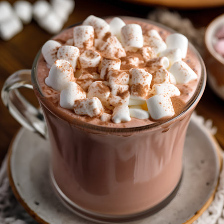 Hot chocolate with marshmallows in a glass on a wooden backgroundの素材