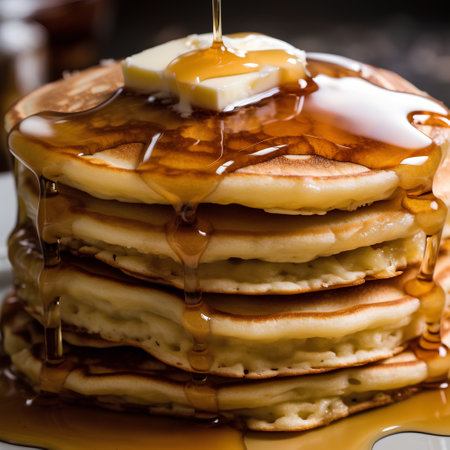 Stack of pancakes with butter and maple syrup. Selective focus.の素材