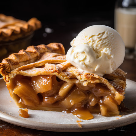 Apple strudel with ice cream on rustic wooden background.の素材