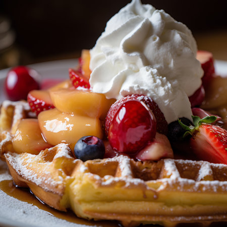 Belgian waffles with fresh fruit and whipped cream, selective focus.の素材