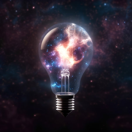 Lightbulb with lightning inside against space background. 3D renderingの素材