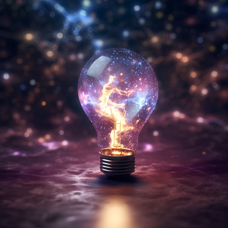 Glowing electric bulb with lightning inside on abstract space background 3D renderingの素材