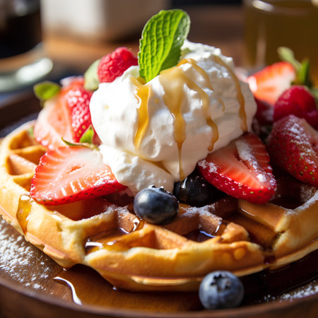Belgian waffles with ice cream and fresh berries, selective focusの素材