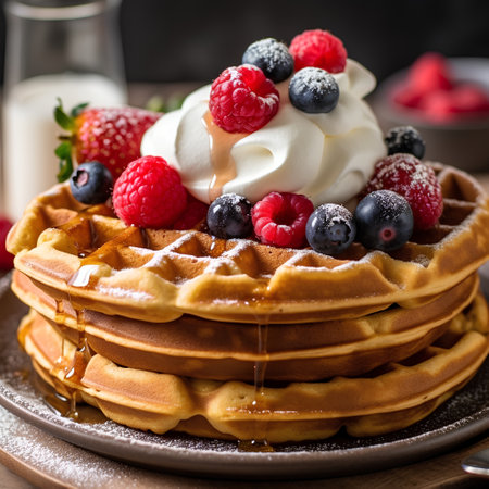 Belgian waffles with fresh berries and whipped cream, selective focus.の素材
