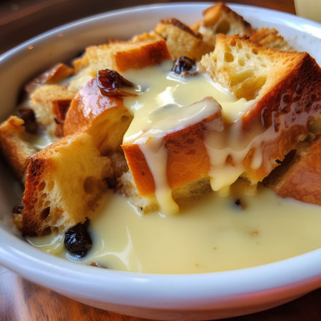 French toast with raisins and condensed milk in a bowl.の素材
