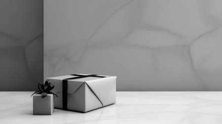 Gift box with black ribbon on white marble table. 3d renderの素材