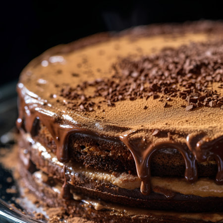 Delicious chocolate cake on a black background. Selective focus.の素材
