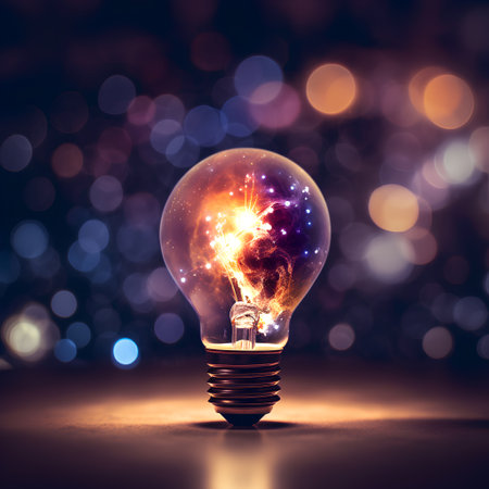 Glowing electric light bulb on bokeh background, idea conceptの素材