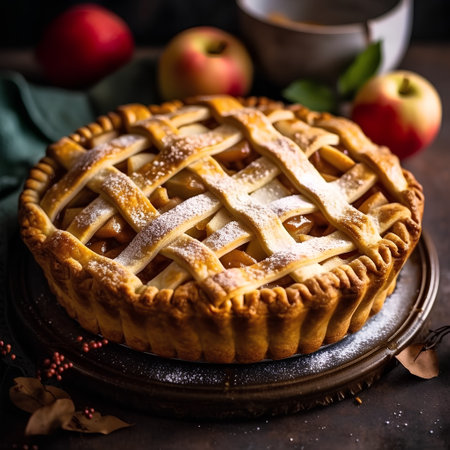 Homemade apple pie with fresh apples on dark background. Selective focus.の素材