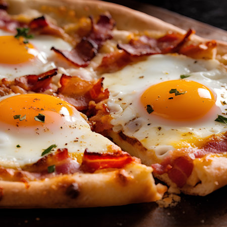 Pizza with fried eggs and bacon on a dark stone background.の素材