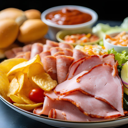 Plate of cold cuts with chips and vegetable salad on dark backgroundの素材