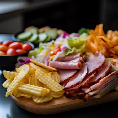 Salad with ham, cheese and chips on a wooden board.の素材