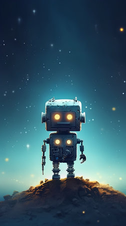 3d rendering of a little robot in the space with starry backgroundの素材