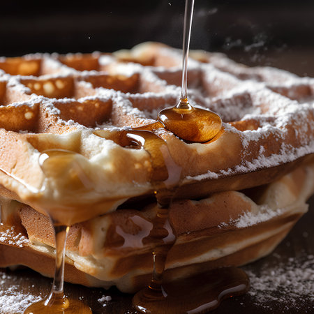 Belgian waffles with caramel and honey on a dark wooden backgroundの素材