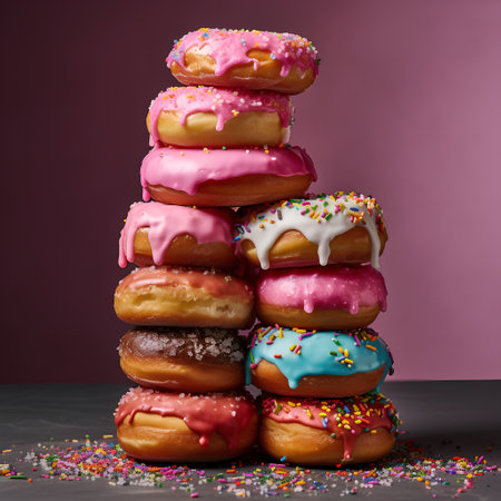 Donuts stacked on top of each other on a dark background.の素材