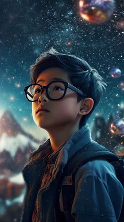 Cute little boy in eyeglasses against starry night sky.の素材