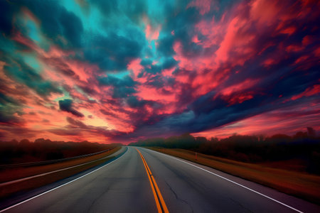 Road in the sunset with dramatic sky and clouds. 3d renderingの素材