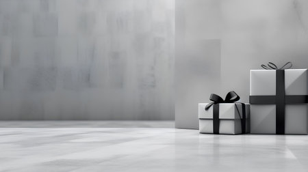 3d render of a white gift box with a black ribbon standing in a roomの素材