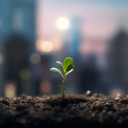 New life concept. Green seedling growing from soil on blurred city backgroundの素材